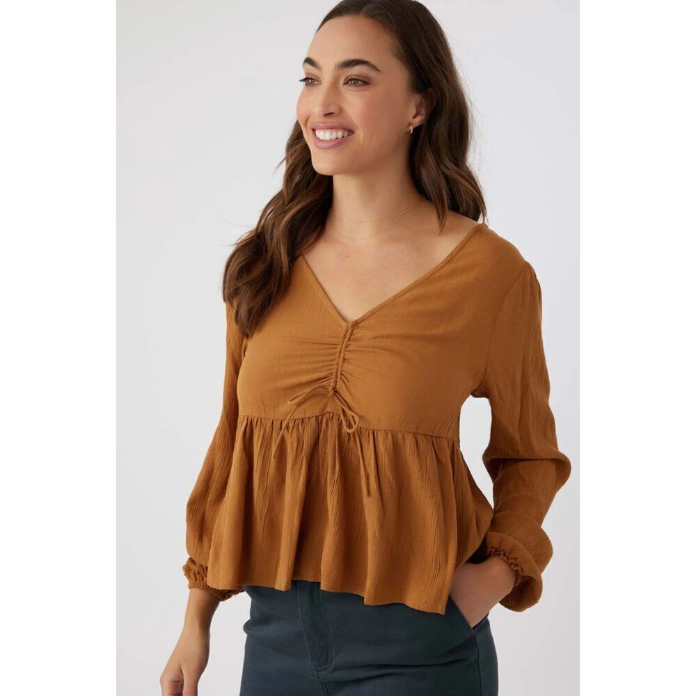 O'NEILL Chipmunk Brown Flowy Boho Babydoll Long Sleeve Festival Crop Top Small